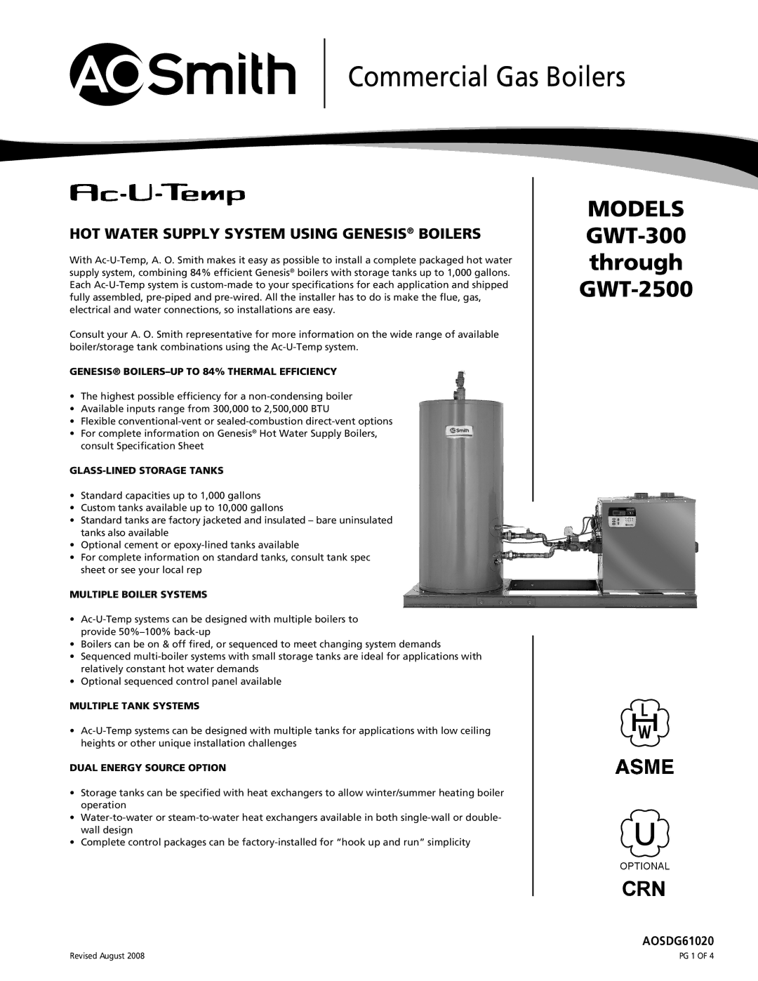 A.O. Smith GWT-300, GWT-2500 specifications Genesis BOILERS-UP to 84% Thermal Efficiency, GLASS-LINED Storage Tanks 