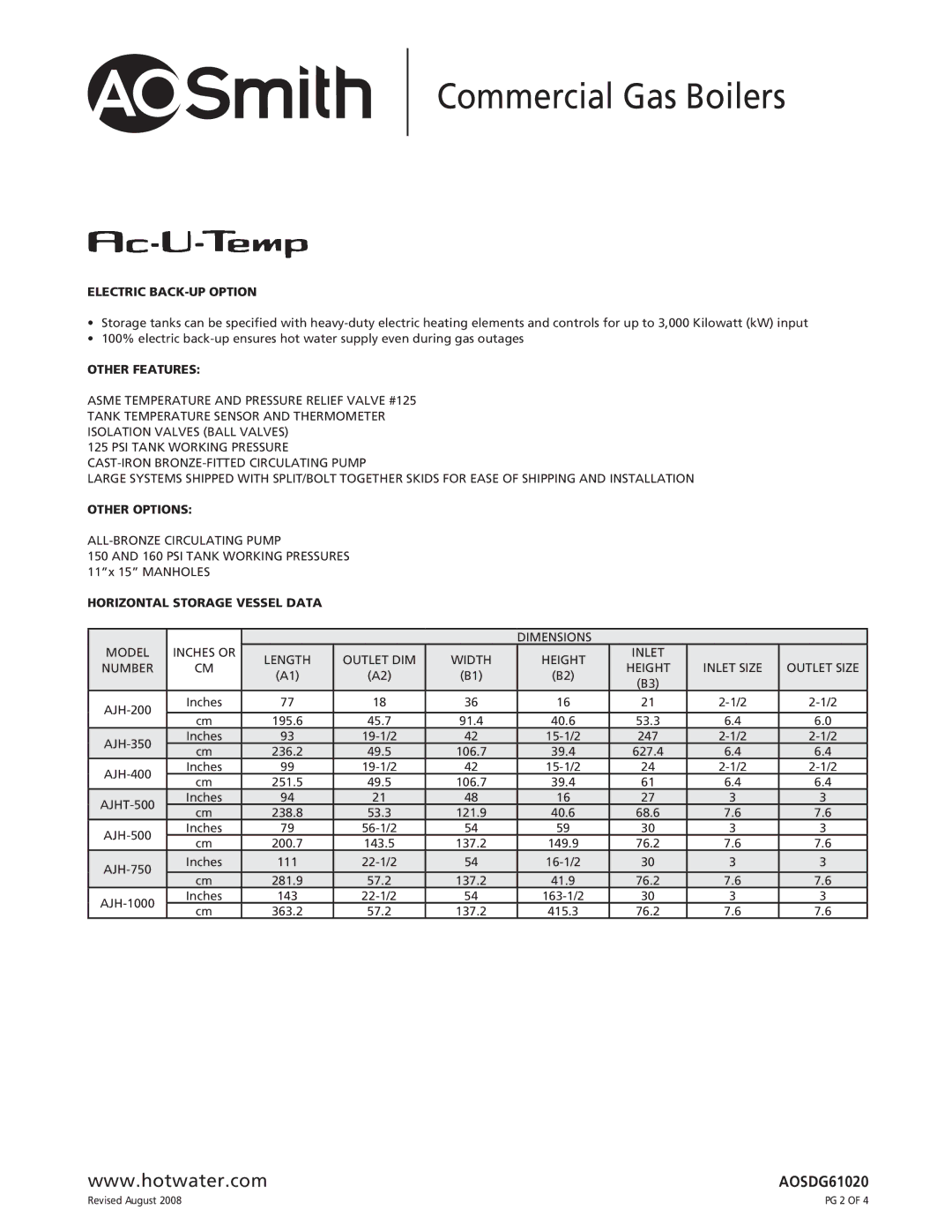 A.O. Smith GWT-2500, GWT-300 Electric BACK-UP Option, Other Features, Other Options, Horizontal Storage Vessel Data 