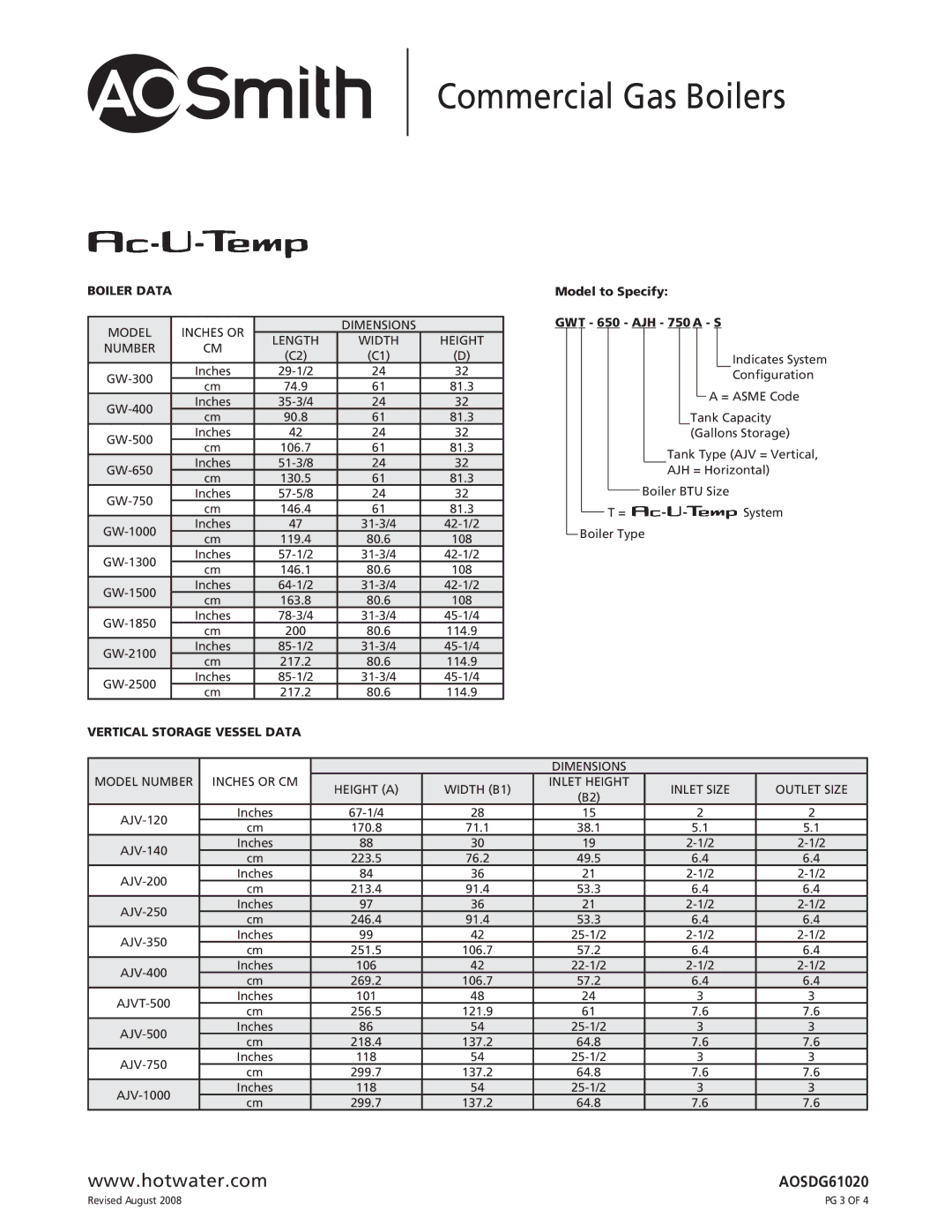 A.O. Smith GWT-300, GWT-2500 specifications Boiler Data, Vertical Storage Vessel Data 