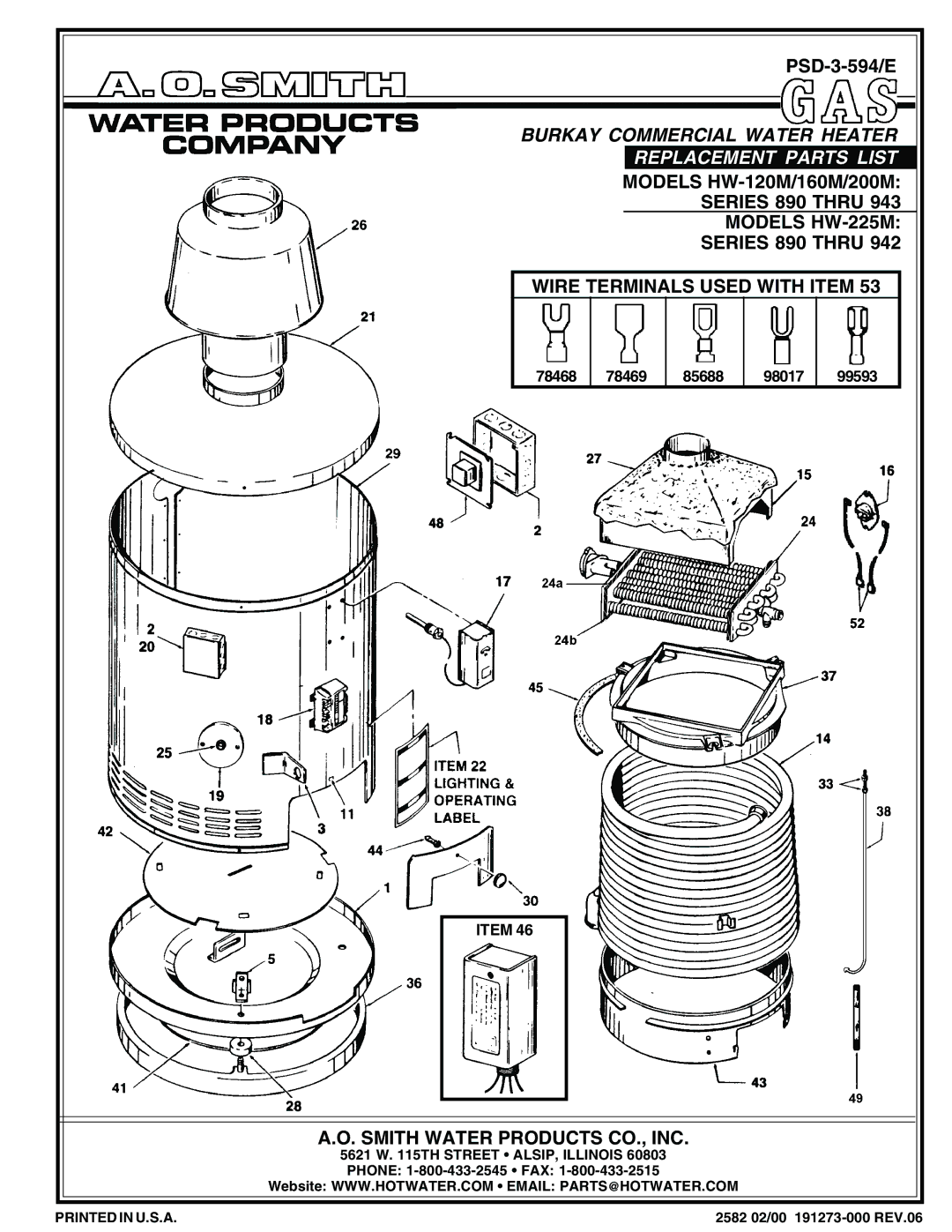 A.O. Smith HW-160M, HW-200M manual Burkay Commercial Water Heater Replacement Parts List 