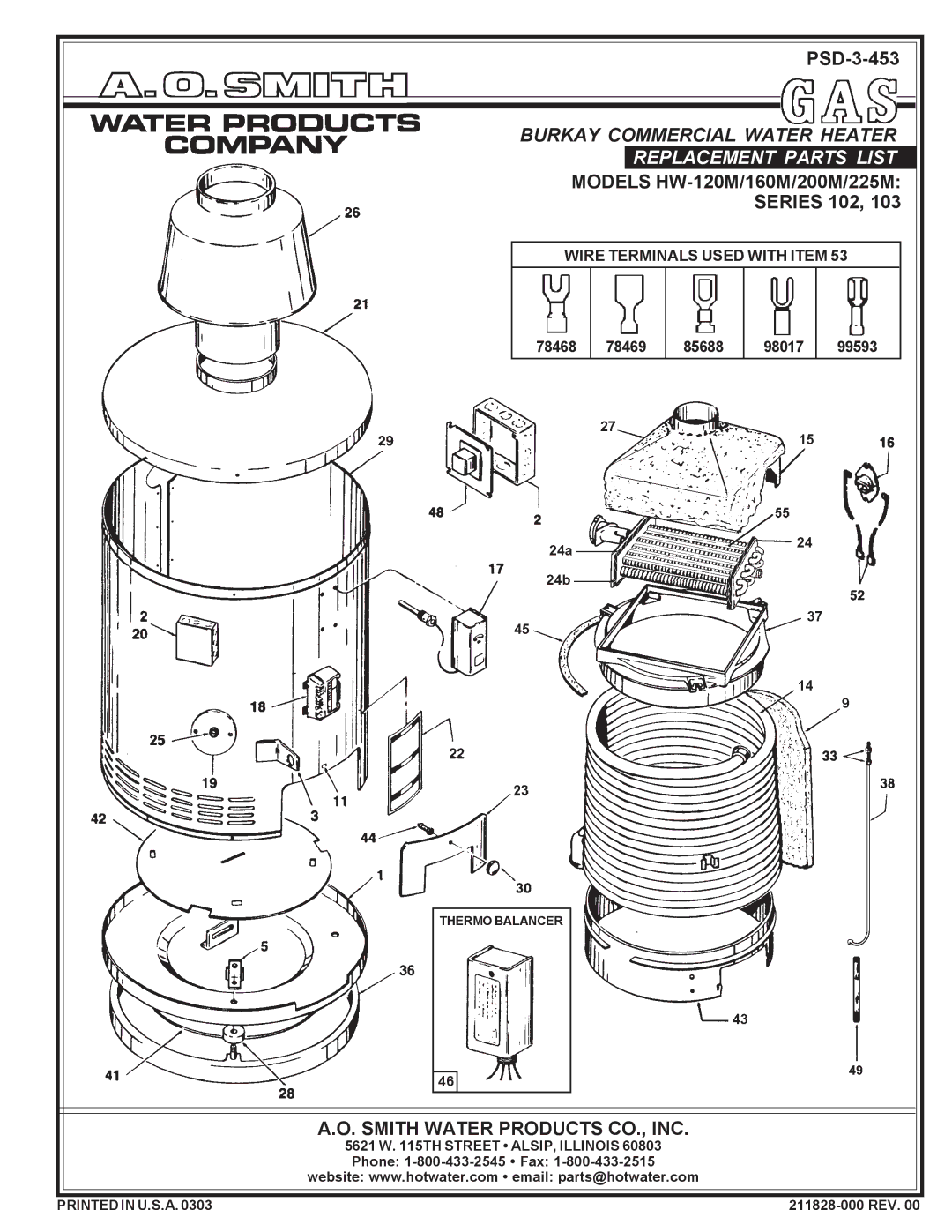 A.O. Smith HW-225M manual Replacement Parts List 