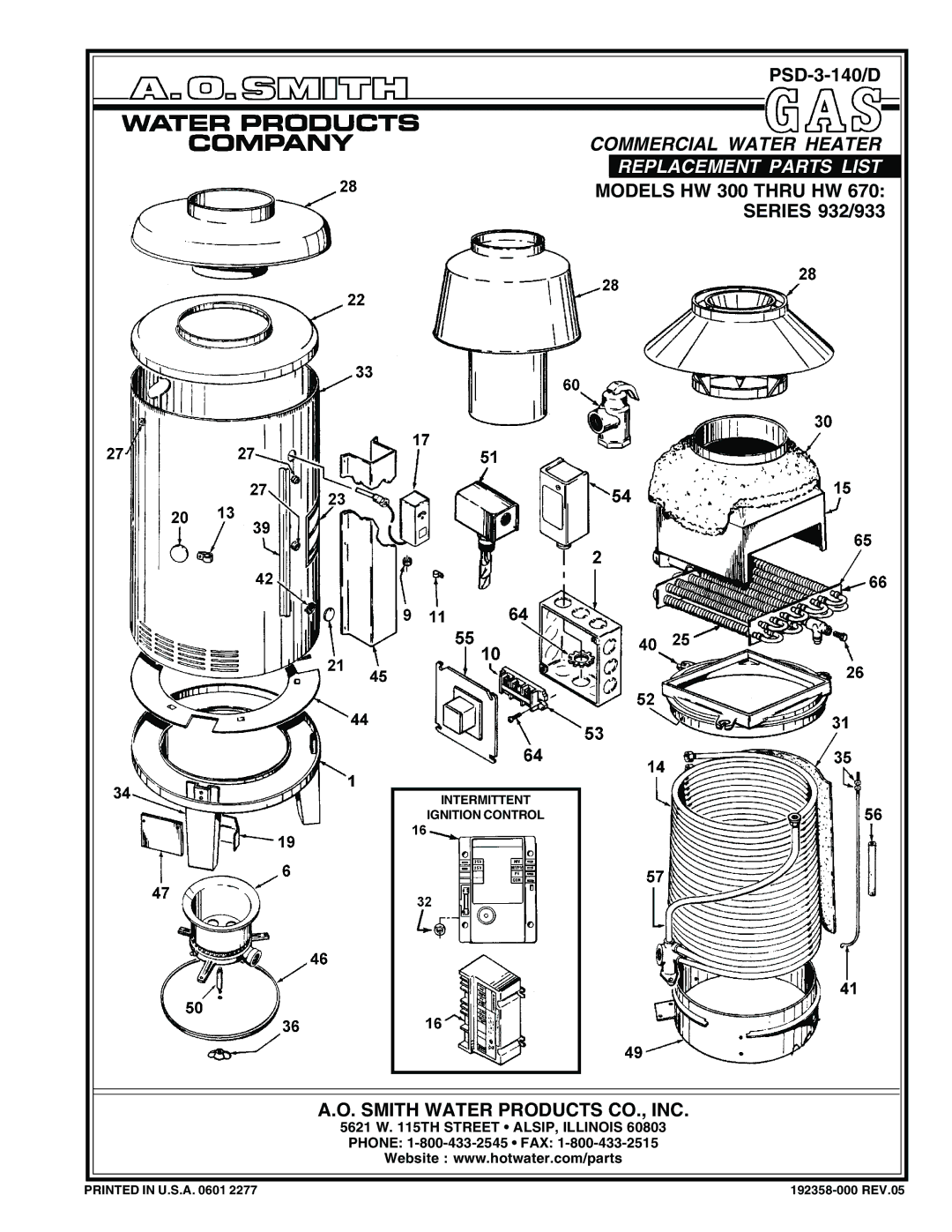 A.O. Smith HW 300 THRU HW 670 manual Replacement Parts List 