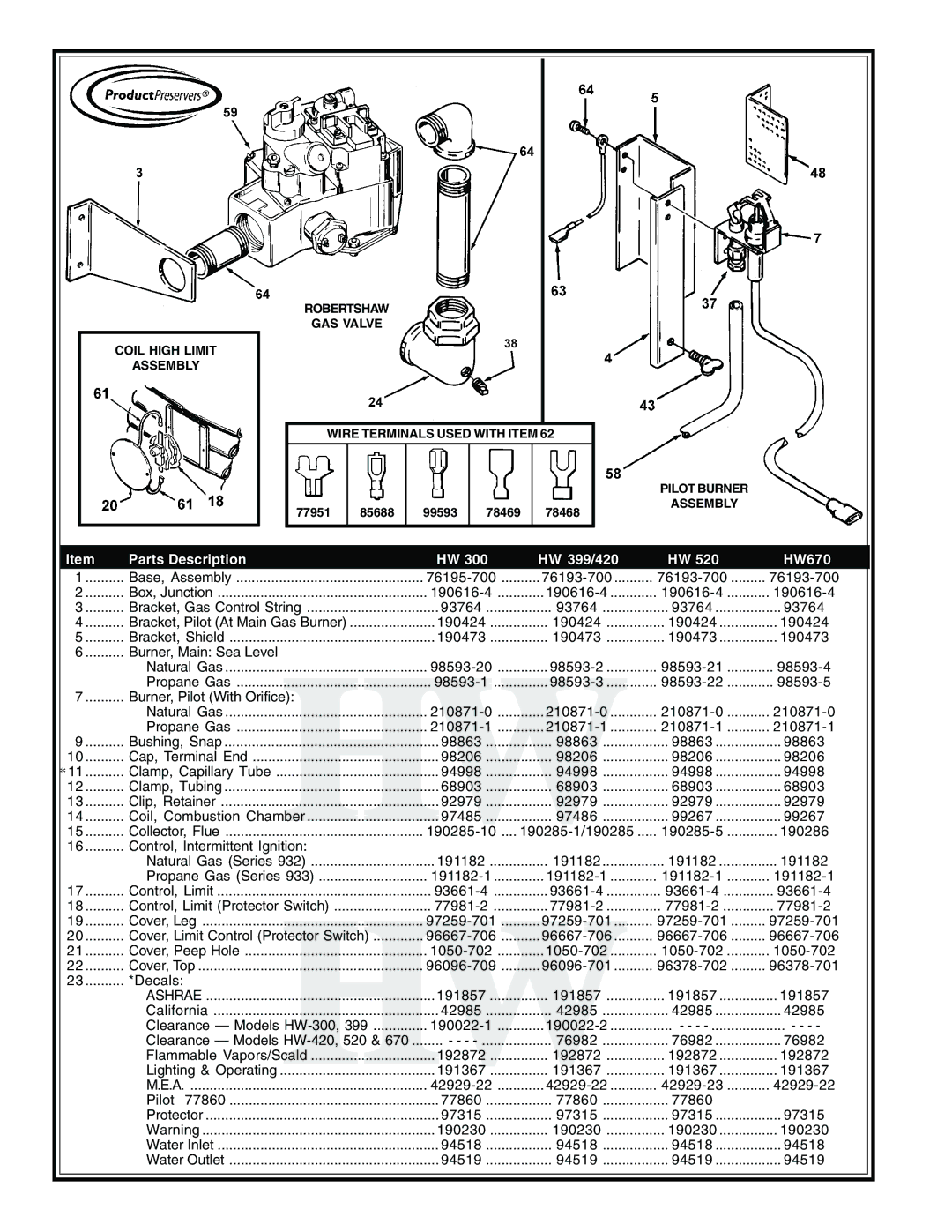 A.O. Smith HW 300 THRU HW 670 manual Parts Description HW 399/420 HW670 