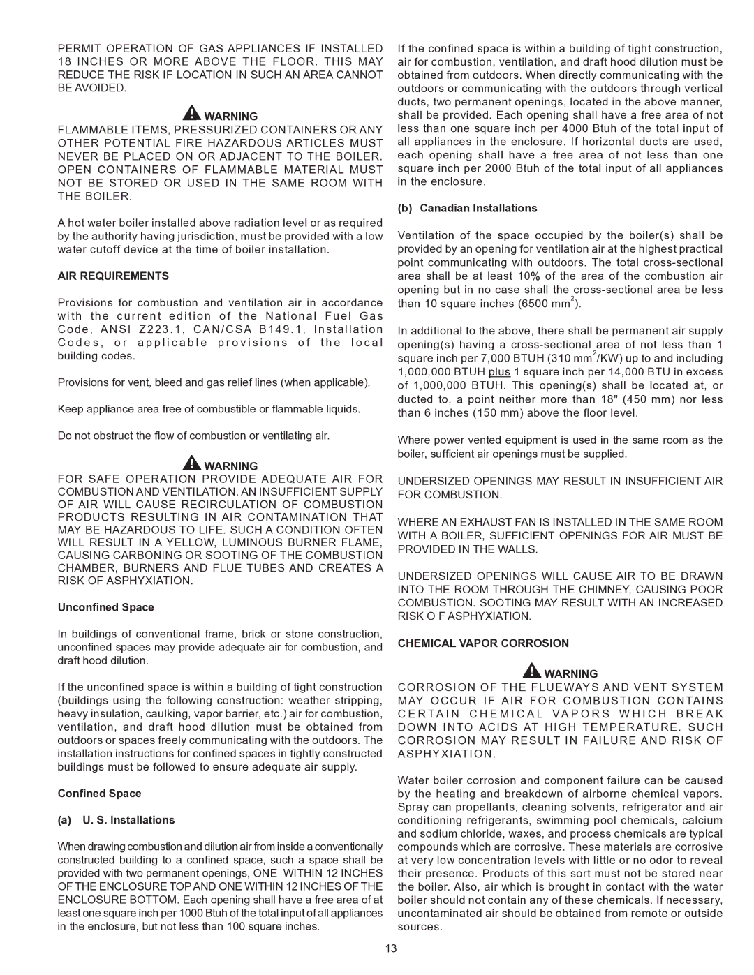 A.O. Smith HW 610 warranty AIR Requirements, Unconfined Space, Confined Space S. Installations, Canadian Installations 