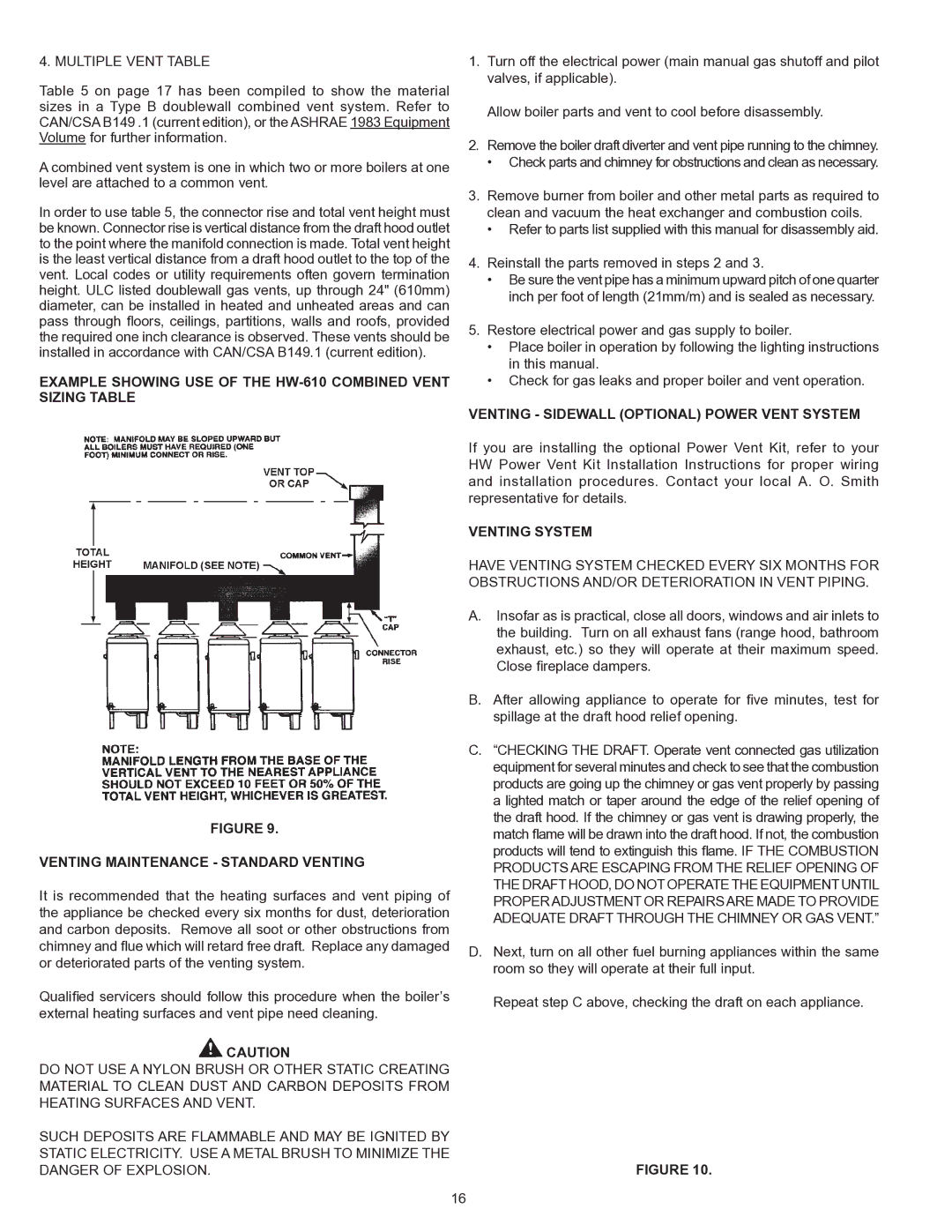 A.O. Smith HW 610 warranty Multiple Vent Table, Venting Sidewall Optional Power Vent System, Venting System 