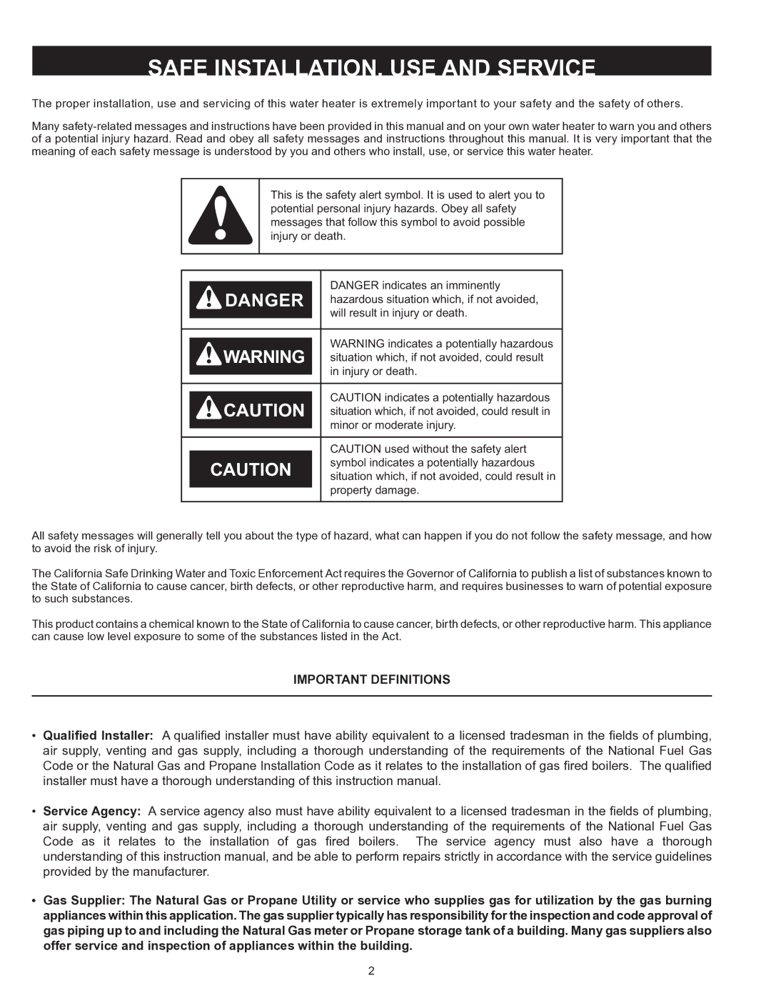 A.O. Smith HW 610 warranty Safe INSTALLATION, USE and Service, Important Definitions 