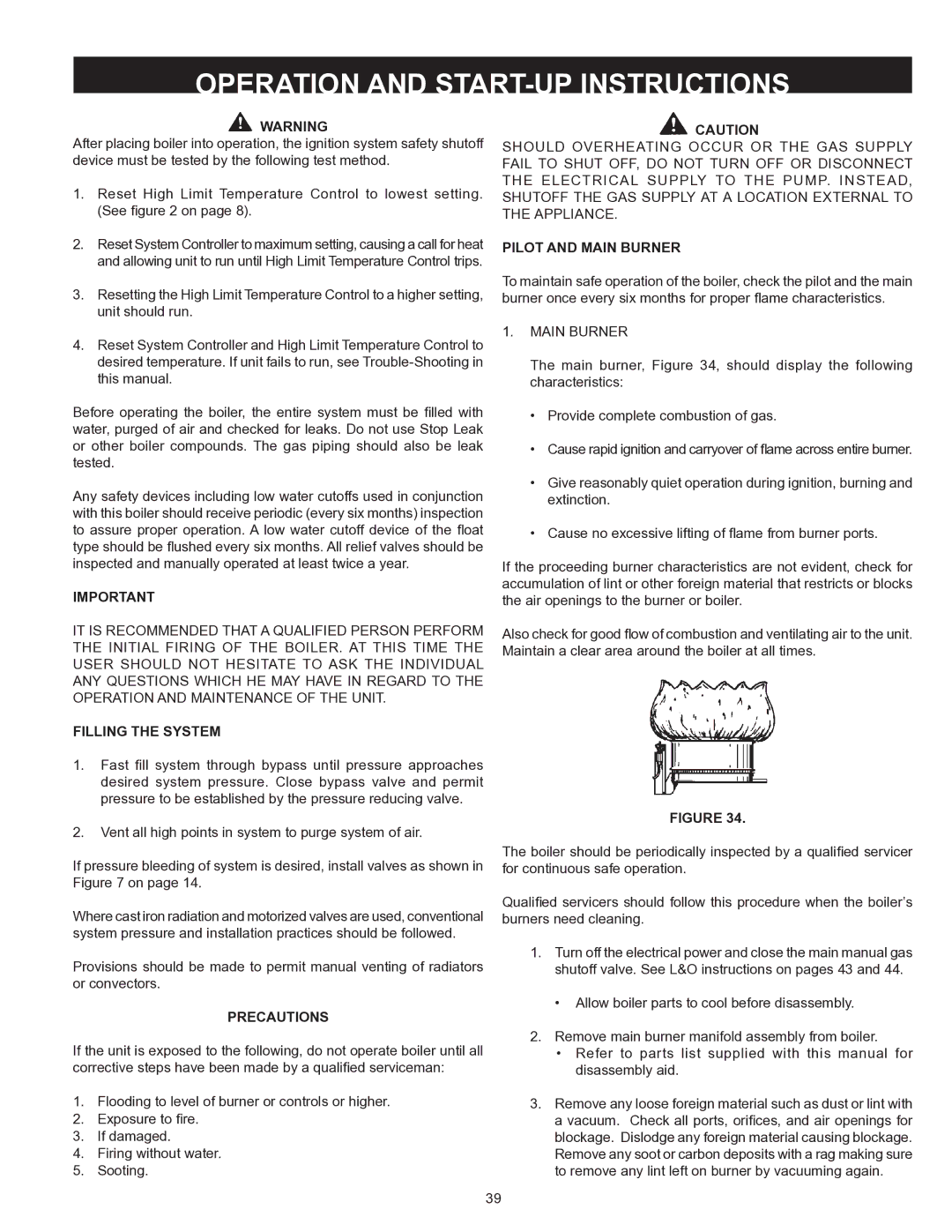 A.O. Smith HW 610 warranty Operation and START-UP Instructions, Filling the System, Pilot and Main Burner 