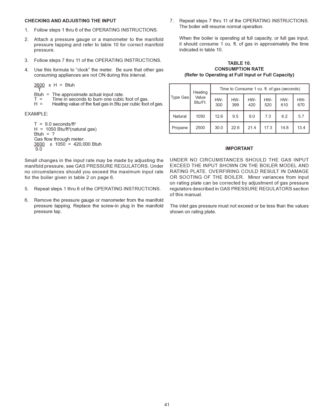 A.O. Smith HW 610 Checking and Adjusting the Input, Consumption Rate, Refer to Operating at Full Input or Full Capacity 