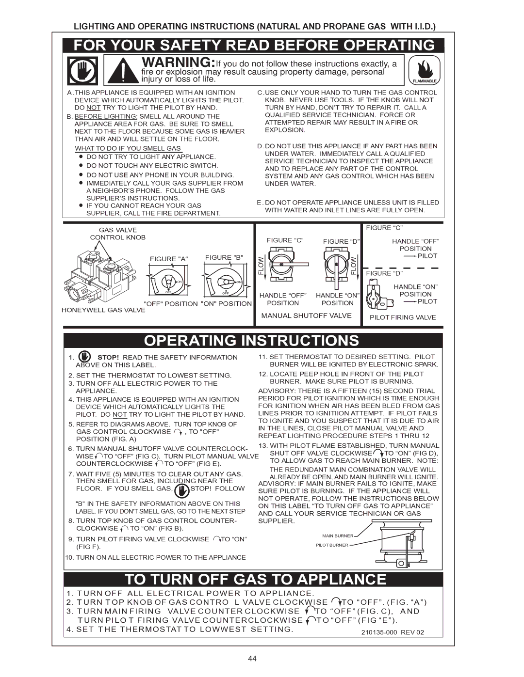 A.O. Smith HW 610 warranty URN Pilo T Firing VA LVE Counterclockwise, SET T HE Thermostat to Lowwest Setting 