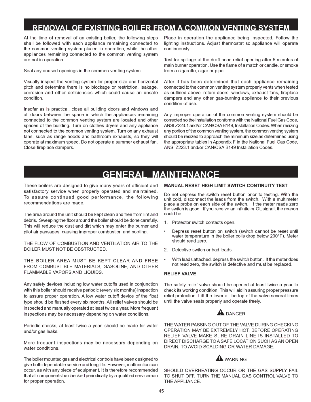 A.O. Smith HW 610 warranty General Maintenance, Manual Reset High Limit Switch Continuity Test, Relief Valve 