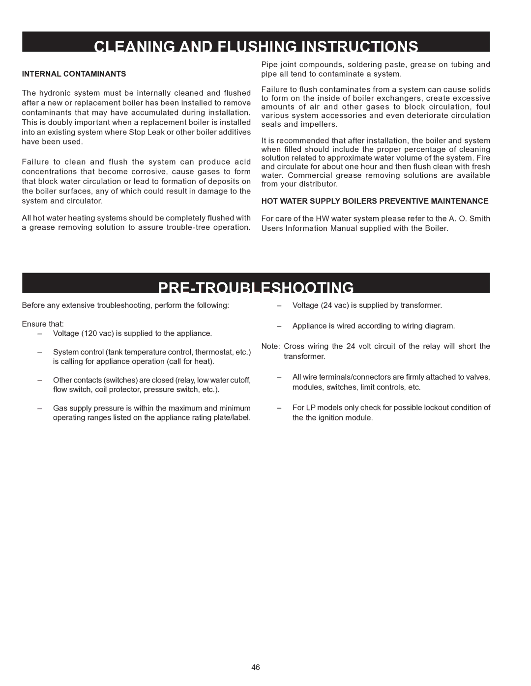 A.O. Smith HW 610 warranty Cleaning and Flushing Instructions, Pre-Troubleshooting, Internal Contaminants 