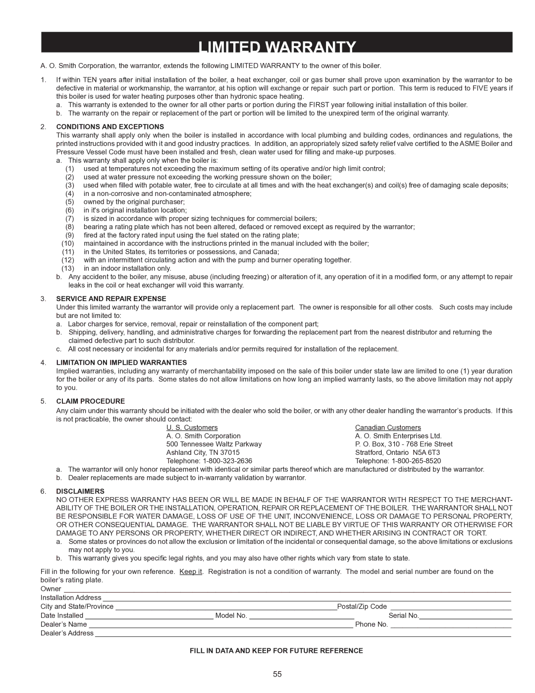 A.O. Smith HW 610 warranty Limited Warranty, Conditions and Exceptions 