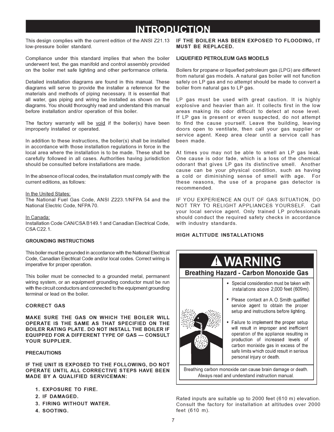 A.O. Smith HW 610 warranty Introduction, LIQUefied petroleum gas models, High Altitude Installations 