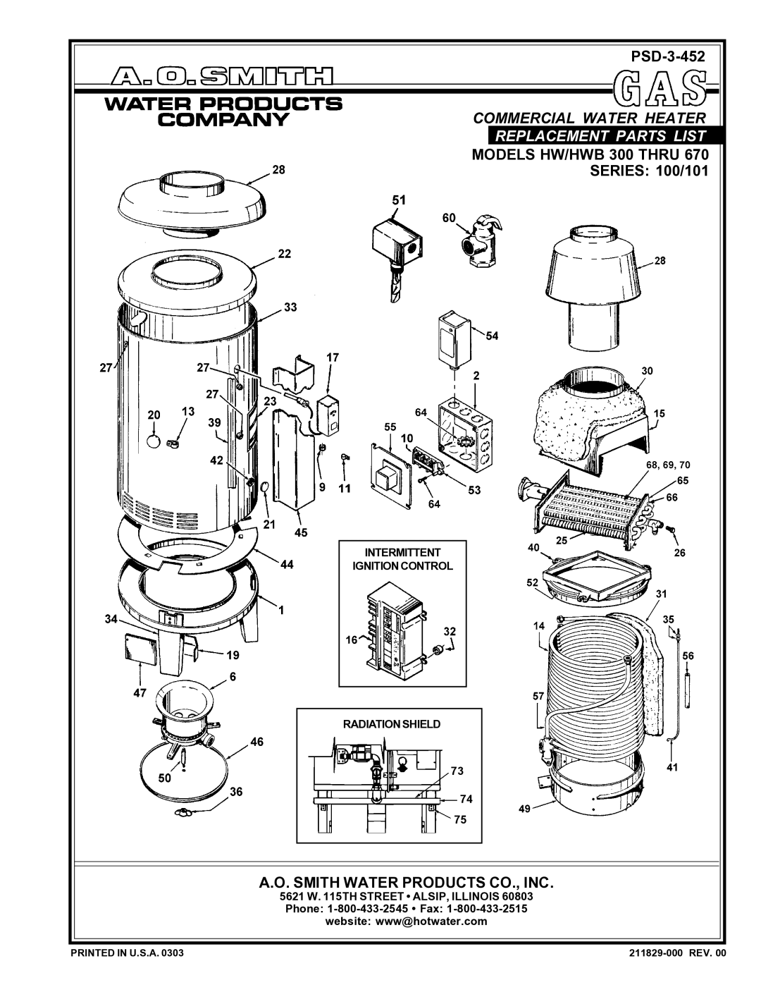 A.O. Smith HW/HWB 300 THRU 670 manual Replacement Parts List 