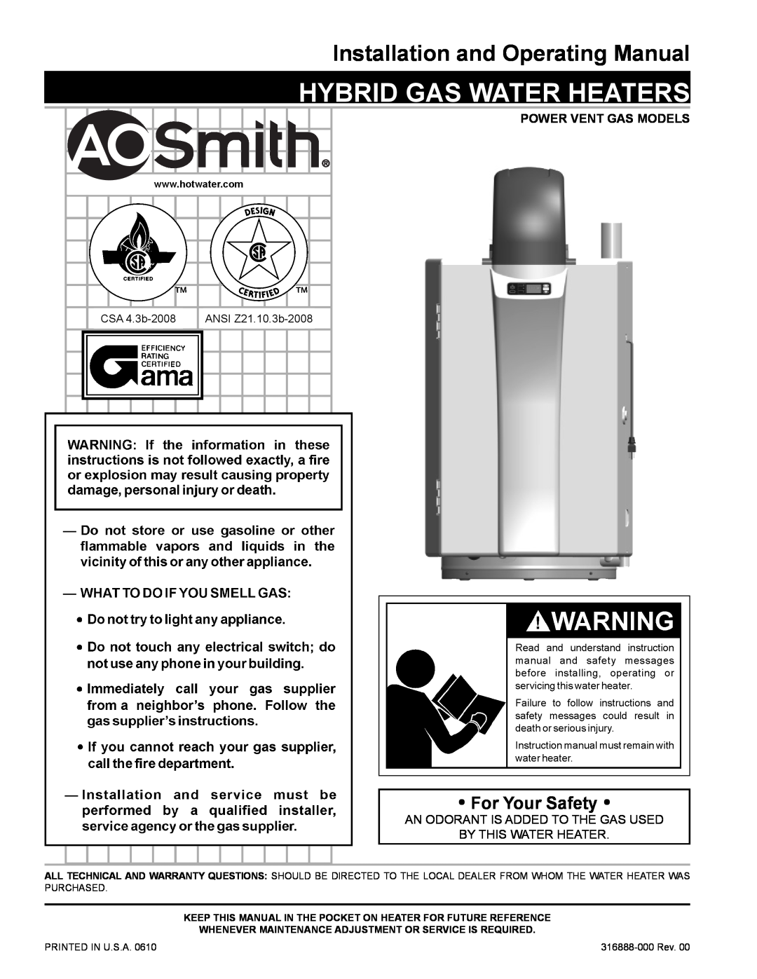 A.O. Smith HYB-90N warranty For Your Safety, Power Vent Gas Models, Hybrid Gas Water Heaters 