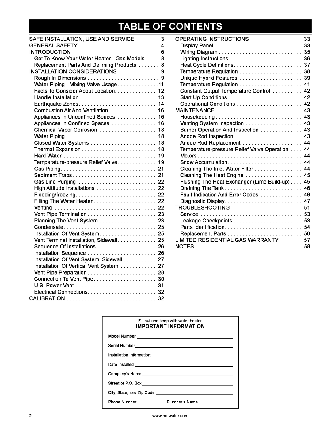 A.O. Smith HYB-90N warranty Table Of Contents, Important Information 