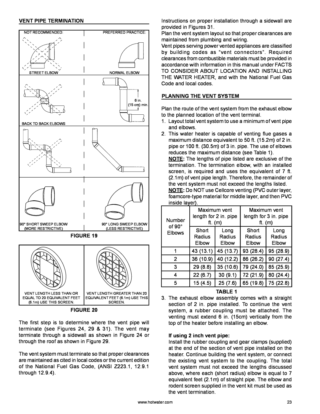 A.O. Smith HYB-90N warranty Vent Pipe Termination, Planning The Vent System, If using 2 inch vent pipe 