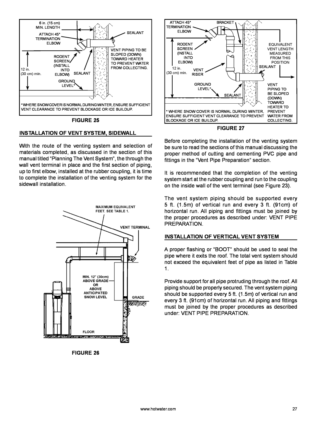 A.O. Smith HYB-90N warranty Installation Of Vent System, Sidewall, Installation Of Vertical Vent System 