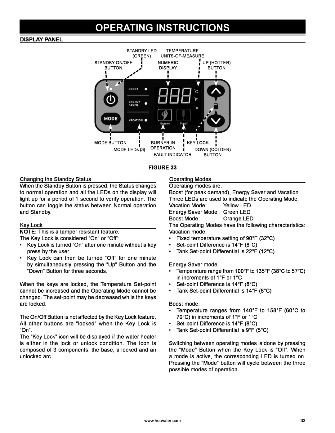 A.O. Smith HYB-90N warranty Operating Instructions, Display Panel 