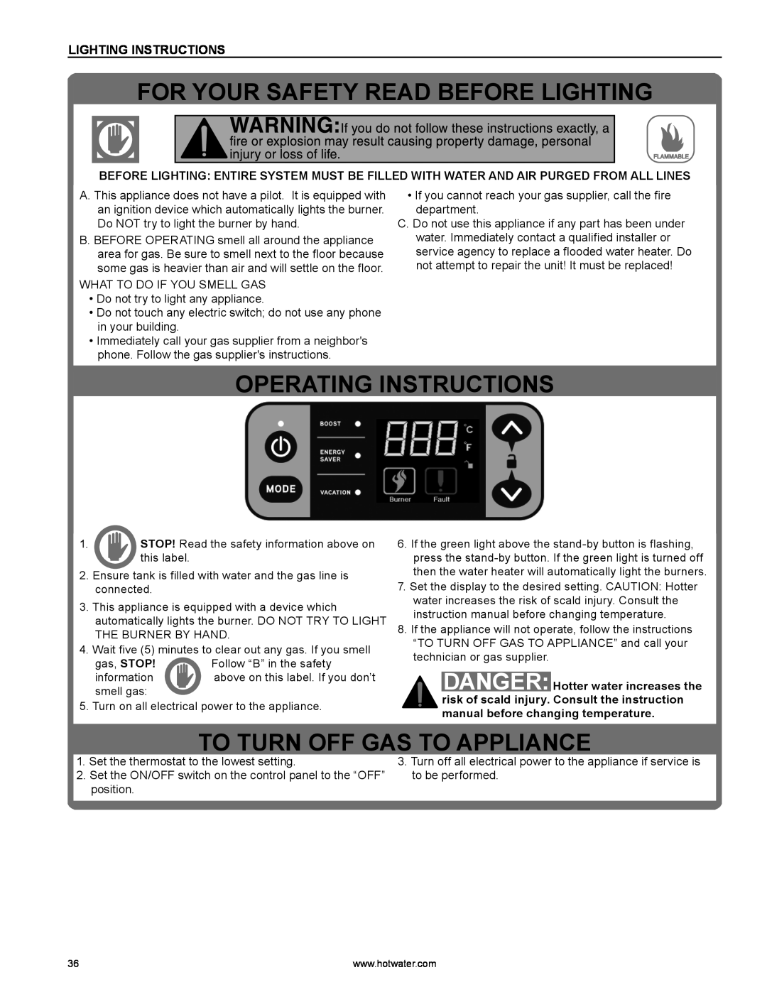 A.O. Smith HYB-90N warranty Lighting Instructions, For Your Safety Read Before Lighting, Operating Instructions 