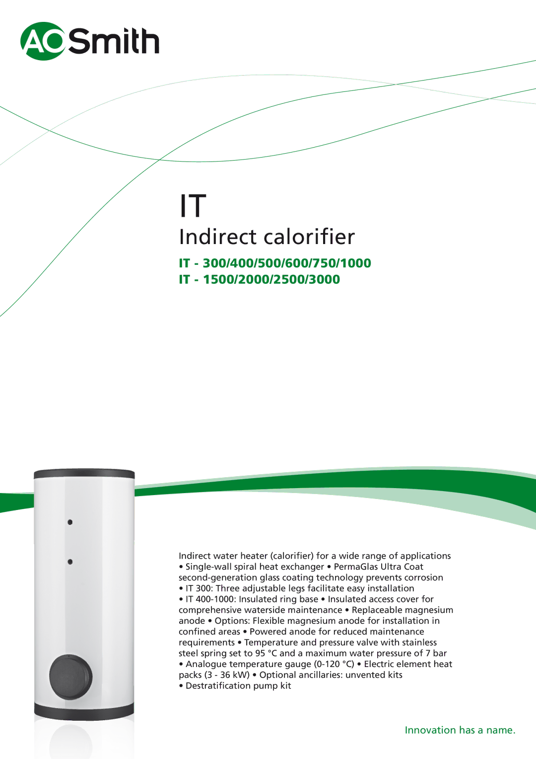 A.O. Smith IT - 1500, IT - 750, IT - 1000, IT - 2000, IT - 500, IT - 2500, IT - 300, IT - 400 manual Indirect calorifier 