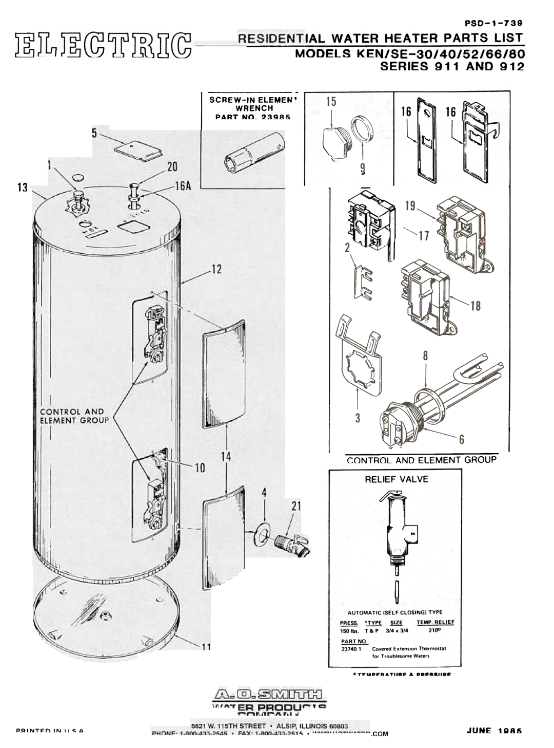 A.O. Smith KEN/SE-80, KEN/SE-66, KEN/SE-52, KEN/SE-40, KEN/SE-30 manual PSD-1-739, Control and Element Group, ~ .JUNE 1QS5 