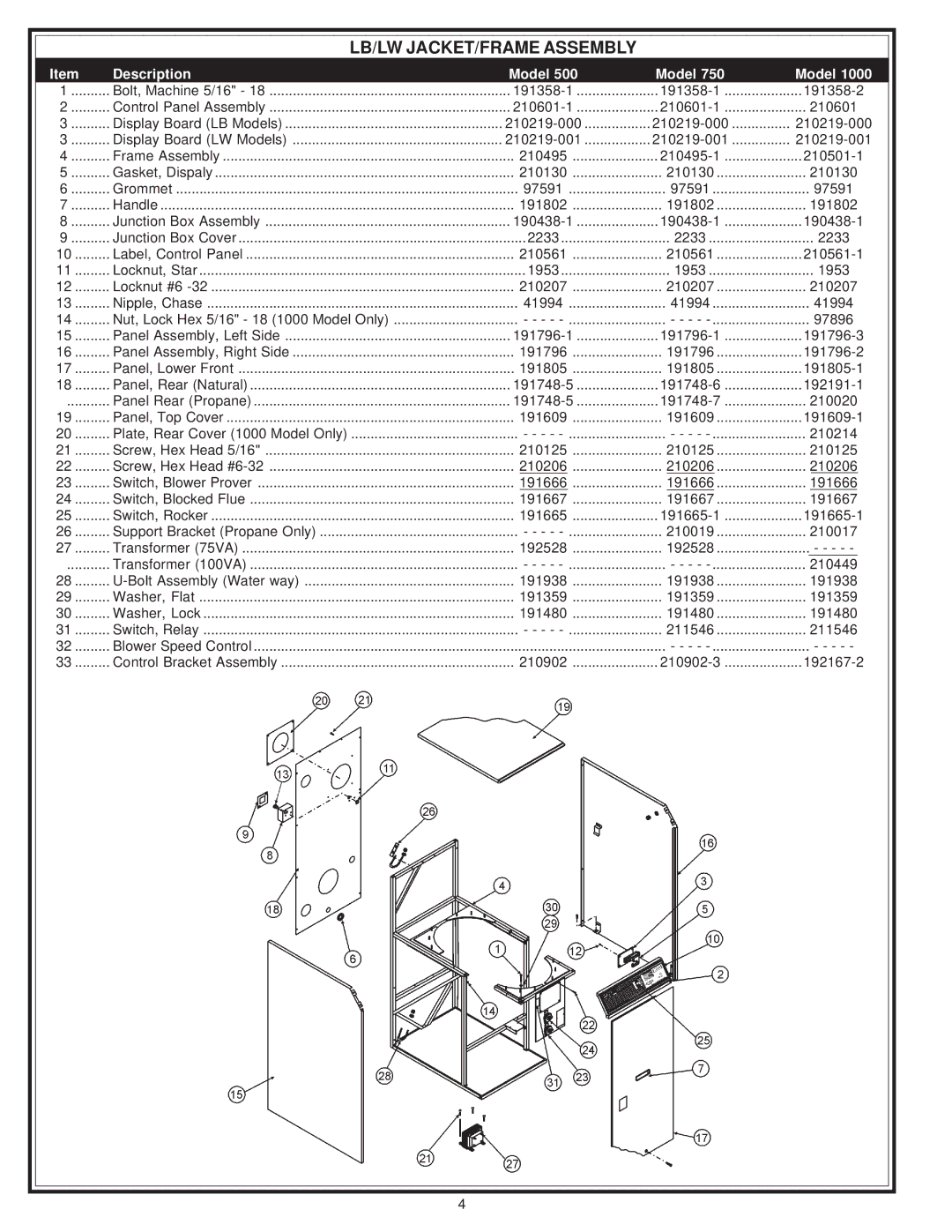 A.O. Smith LB/LW 500, LB/LW 1000, LB/LW 700 manual LB/LW JACKET/FRAME Assembly 