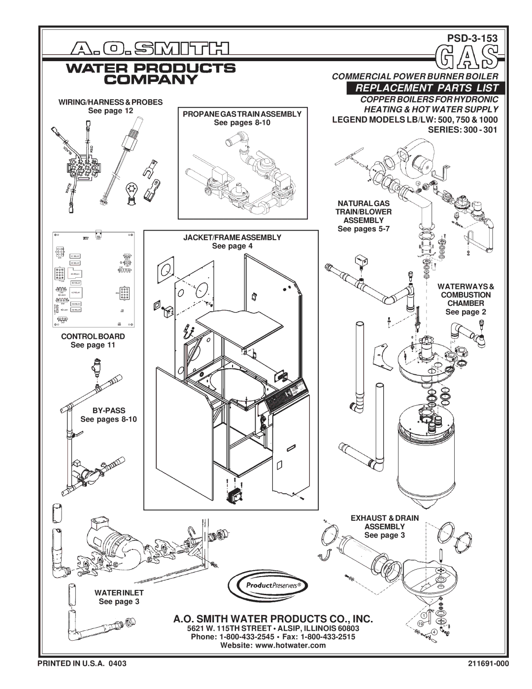 A.O. Smith 750 & 1000, LB/LW: 500 manual Replacement Parts List 