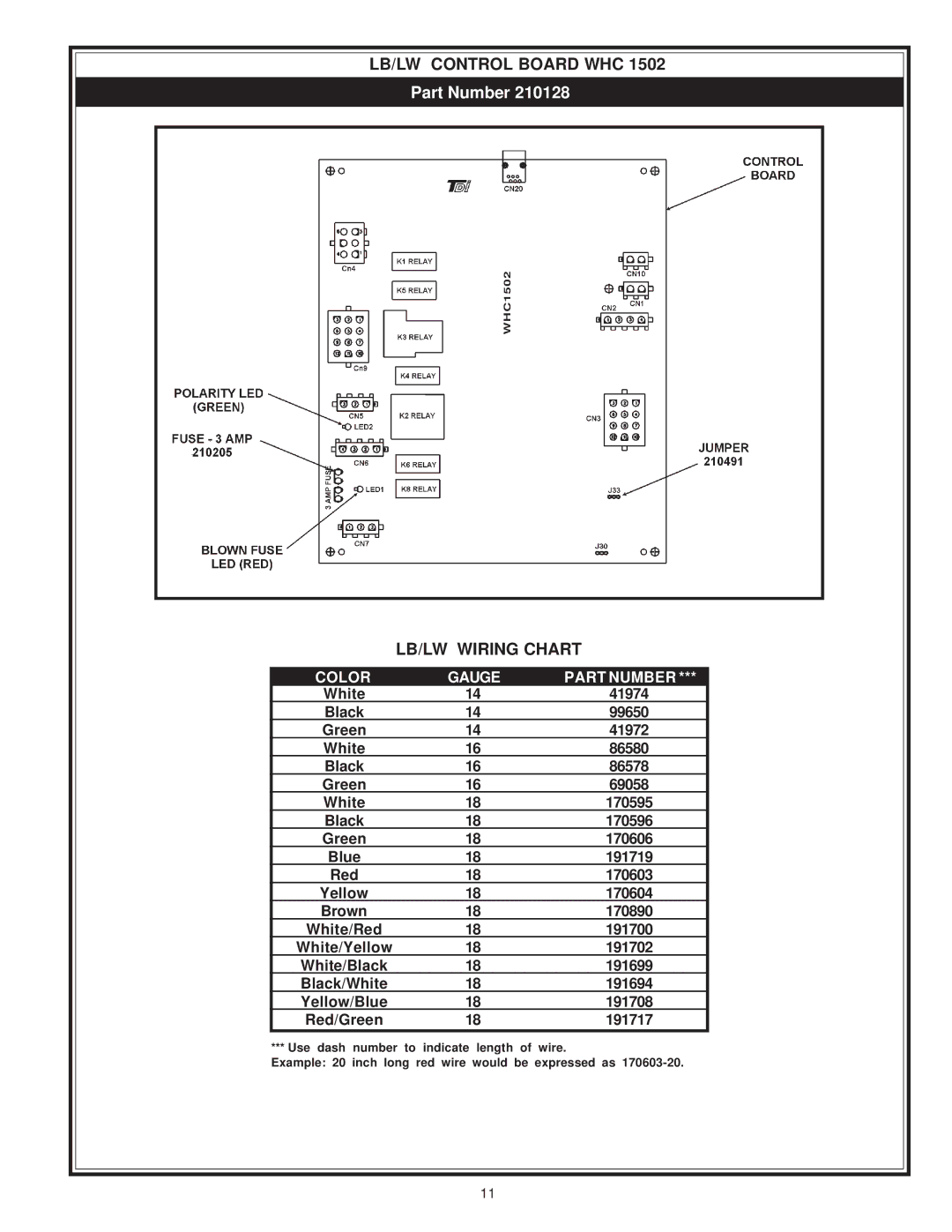 A.O. Smith 750 & 1000, LB/LW: 500 manual LB/LW Control Board WHC, LB/LW Wiring Chart 