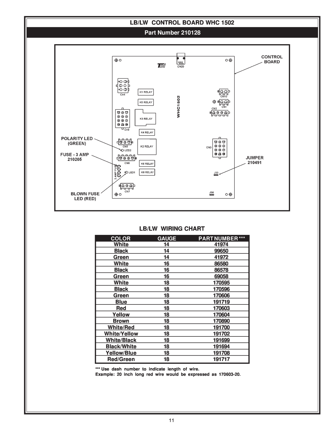 A.O. Smith 750 & 1000, LB/LW: 500 manual Part Number, Lb/Lw Control Board Whc, Lb/Lw Wiring Chart, Color, Gauge 