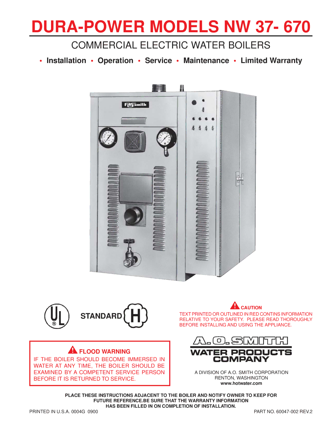 A.O. Smith NW 37-670 warranty DURA-POWER Models NW 37 