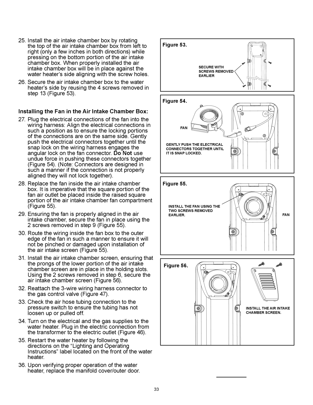 A.O. Smith PCG250T403NOV 100, PCG6240T403NOV 100, PCG2J5040T3NOV 100 manual Installing the Fan in the Air Intake Chamber Box 