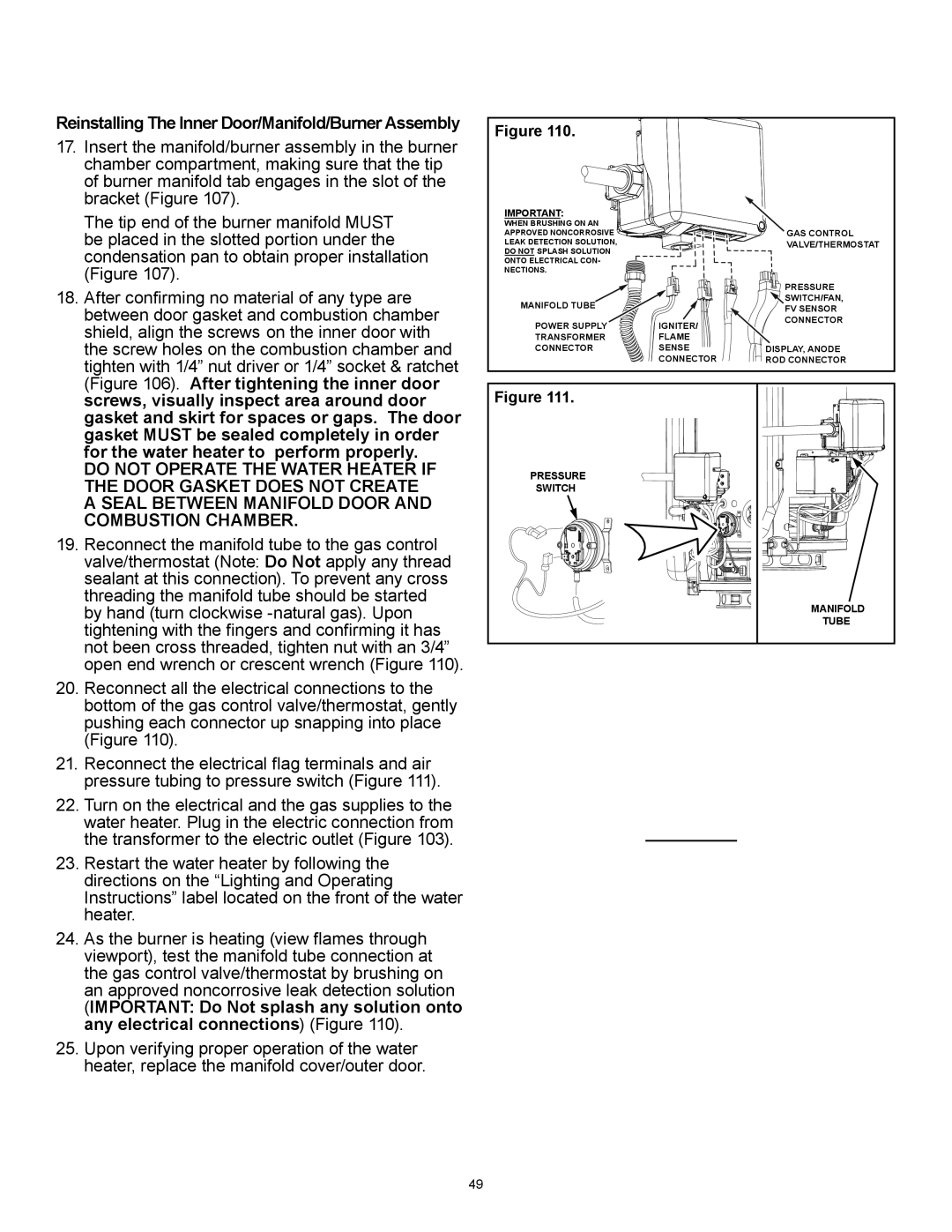 A.O. Smith 12 50GPC T 100, PCG6240T403NOV 100, PCG2J5040T3NOV 100 manual Reinstalling The Inner Door/Manifold/Burner Assembly 