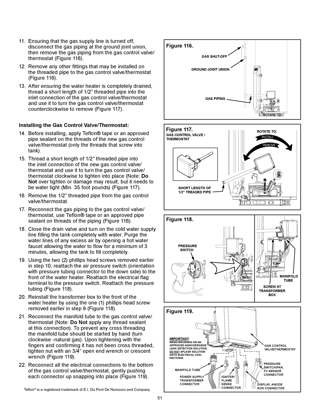 A.O. Smith PCG2J5040T3NOV 100, PCG6240T403NOV 100, PCG2J4040T3NOV 100 manual Installing the Gas Control Valve/Thermostat 