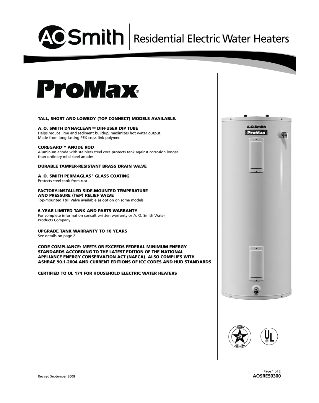 A.O. Smith PCT-40 warranty Residential Electric Water Heaters, AOSRE50300 