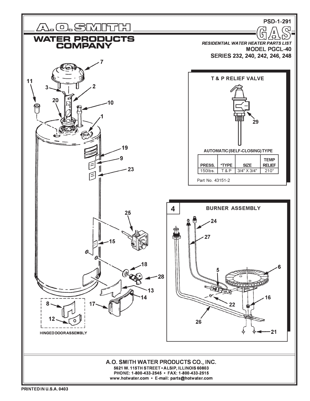 A.O. Smith Series 242 manual PSD-1-291, MODEL PGCL-40 SERIES 232, 240, 242, 246, A.O. Smith Water Products Co., Inc, Temp 