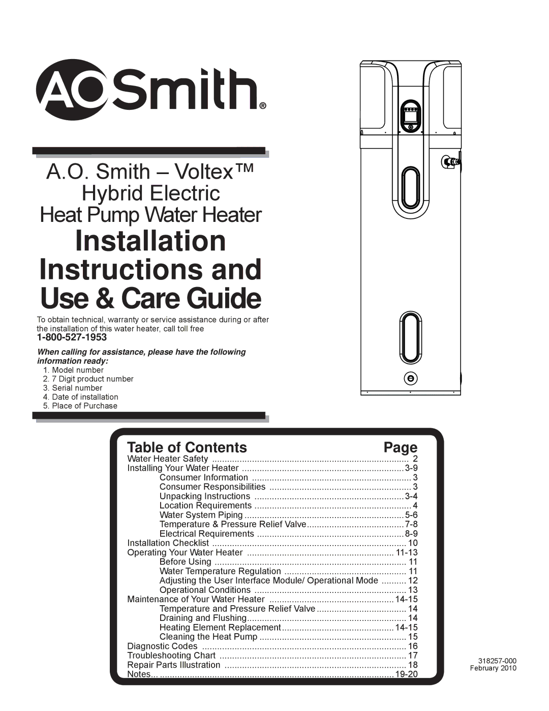 A.O. Smith 318257-000, PHPT-80 installation instructions Installation Instructions Use & Care Guide 