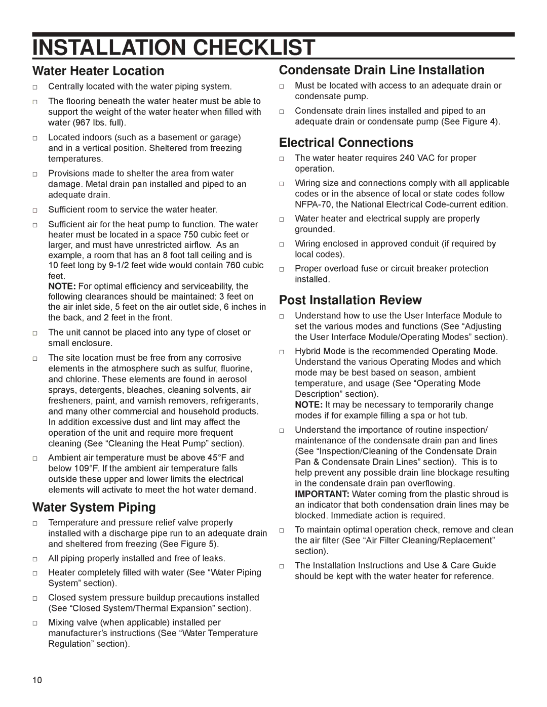 A.O. Smith PHPT-80, 318257-000 Installation Checklist, Water Heater Location, Water System Piping, Electrical Connections 