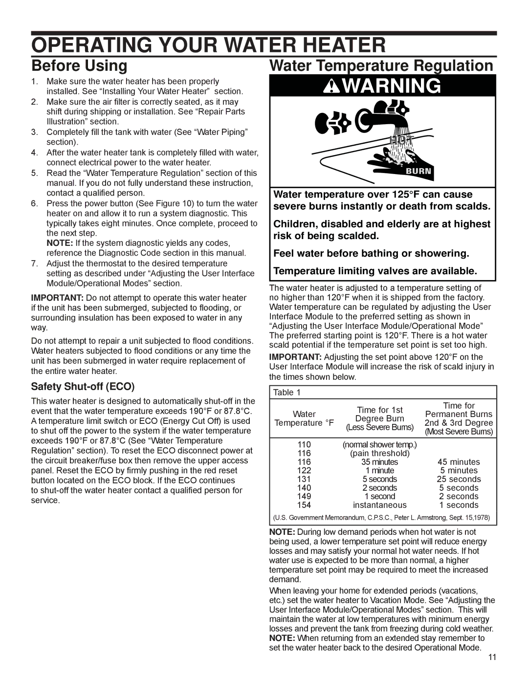 A.O. Smith 318257-000, PHPT-80 Operating Your Water Heater, Before Using, Water Temperature Regulation 