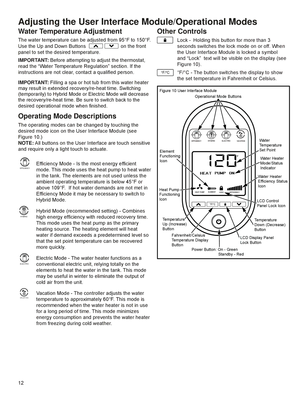 A.O. Smith PHPT-80 Adjusting the User Interface Module/Operational Modes, Water Temperature Adjustment, Other Controls 