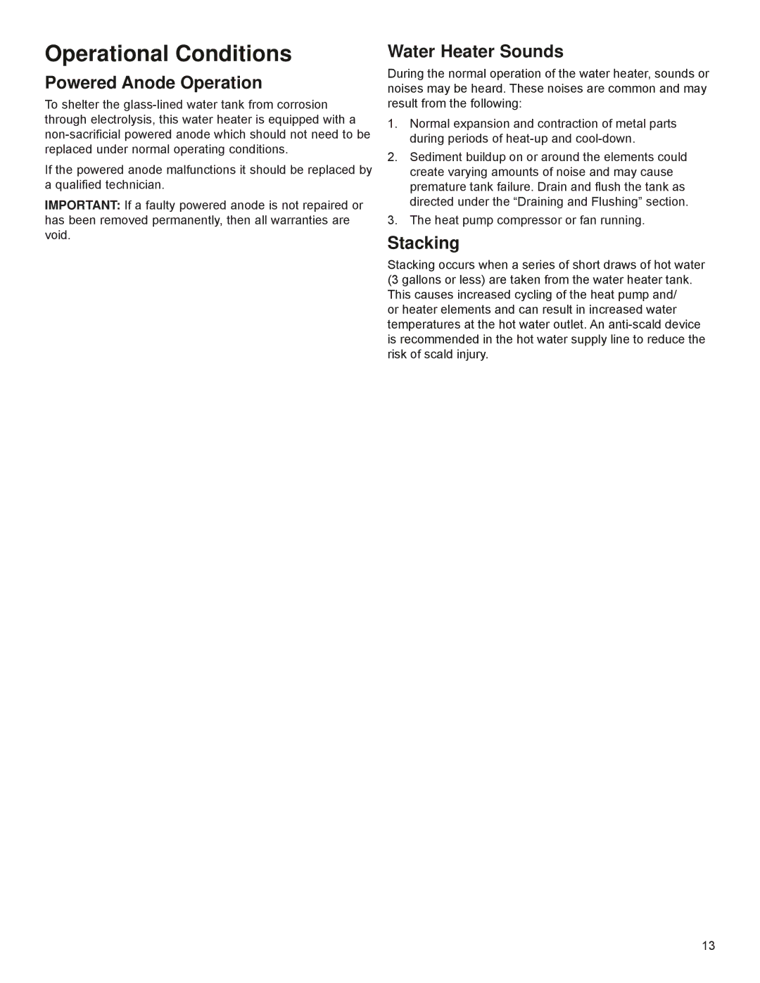 A.O. Smith 318257-000, PHPT-80 Operational Conditions, Powered Anode Operation, Water Heater Sounds, Stacking 