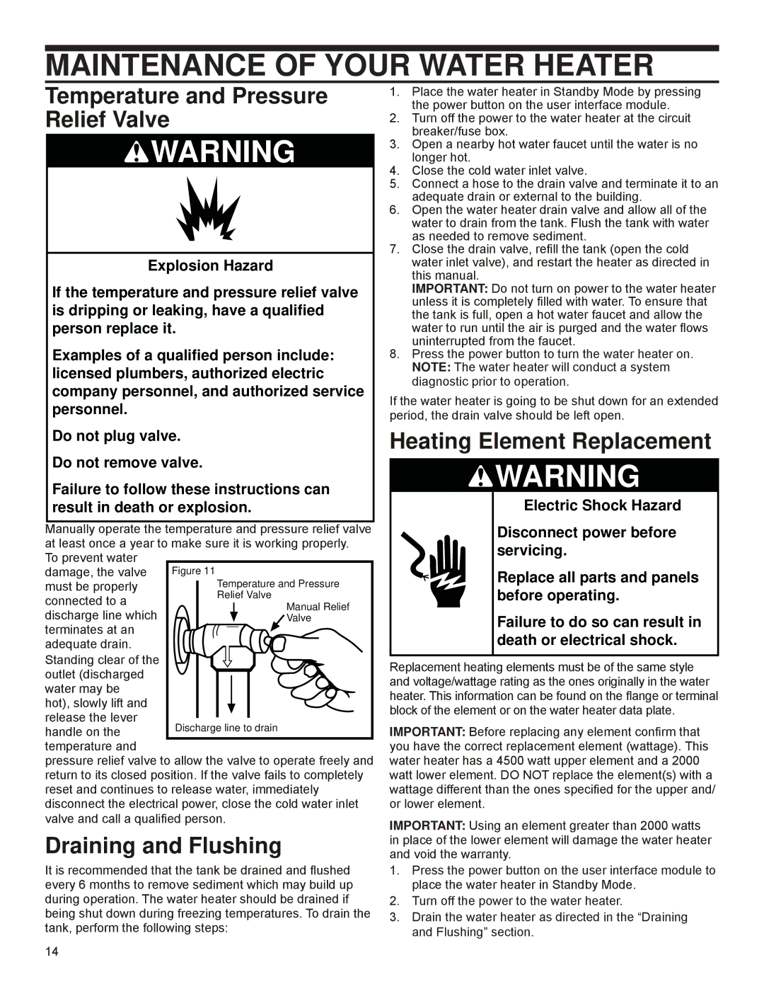 A.O. Smith PHPT-80, 318257-000 Maintenance of Your Water Heater, Draining and Flushing, Heating Element Replacement 