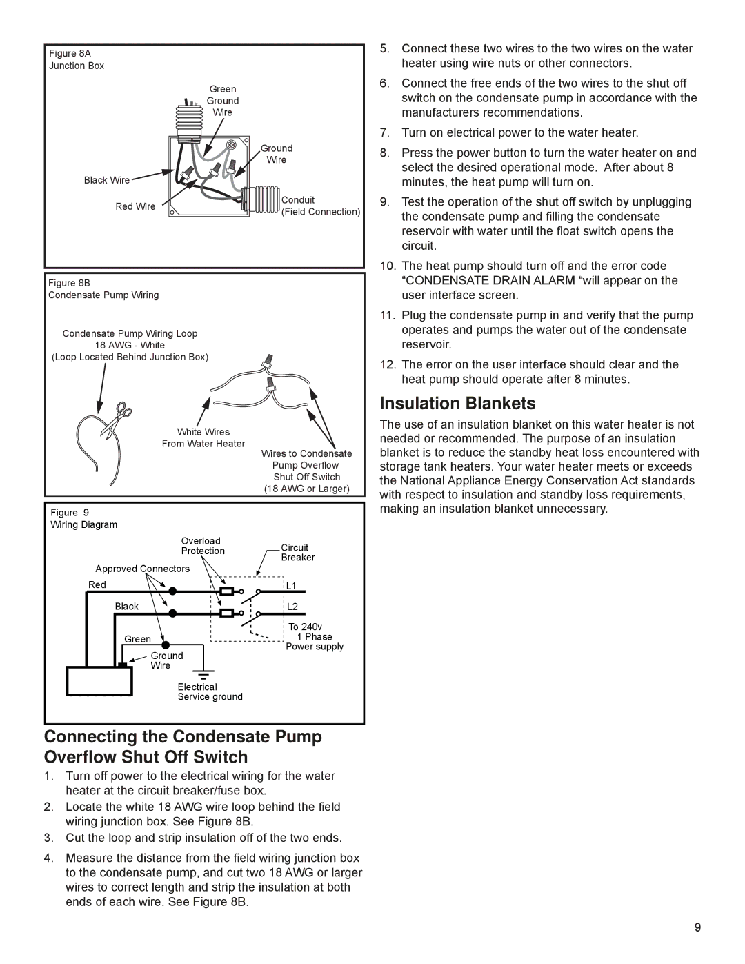 A.O. Smith 318257-000, PHPT-80 Insulation Blankets, Connecting the Condensate Pump Overﬂow Shut Off Switch 