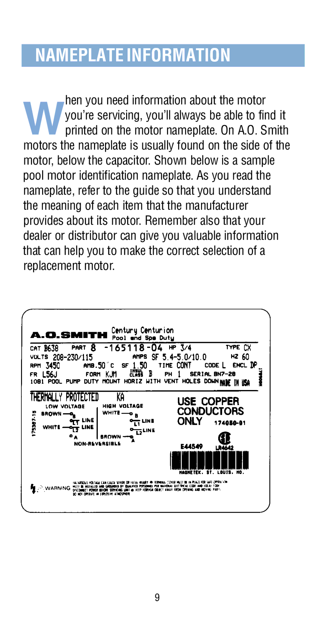 A.O. Smith Pool & Spa Motor manual Nameplate Information 