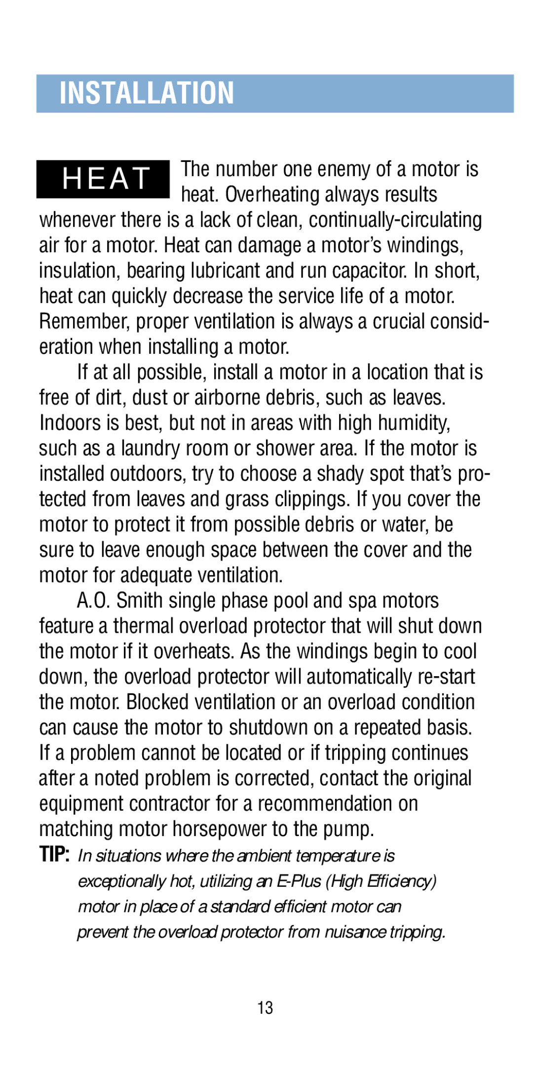 A.O. Smith Pool & Spa Motor manual Installation 