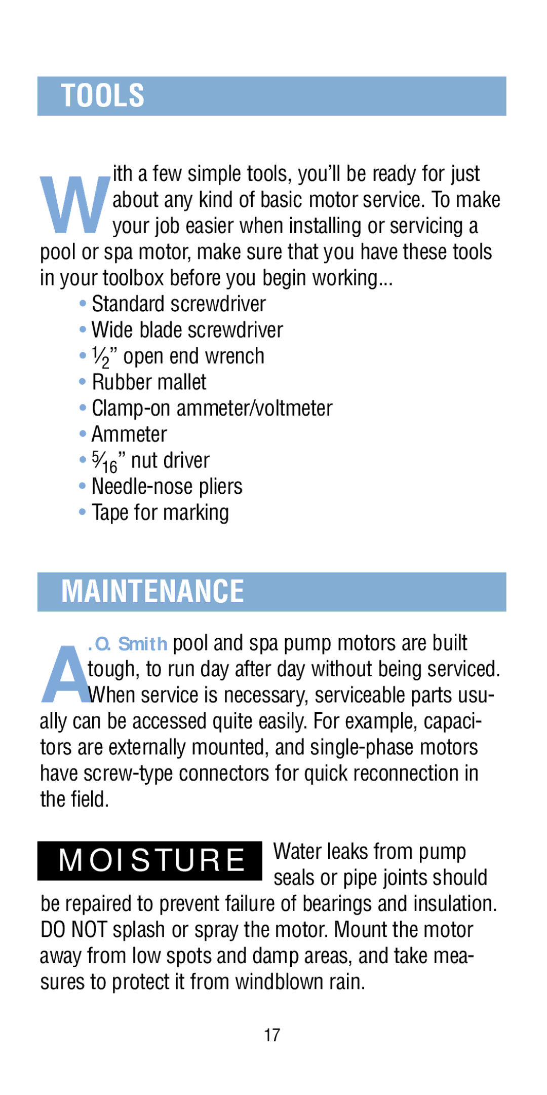 A.O. Smith Pool & Spa Motor manual Tools, Maintenance 