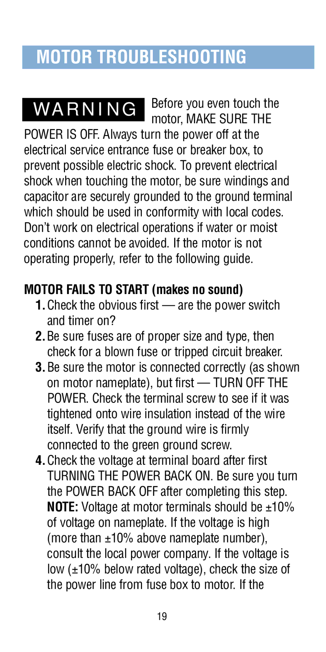 A.O. Smith Pool & Spa Motor manual Motor Troubleshooting, Motor Fails to Start makes no sound 