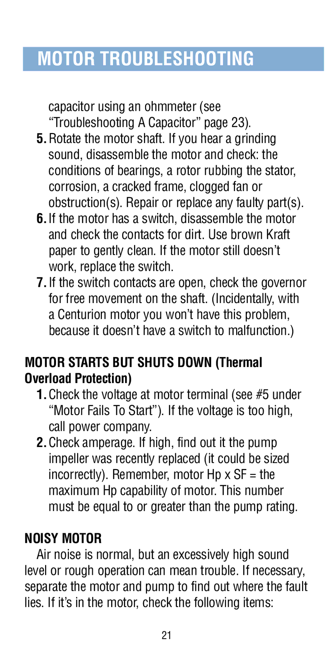 A.O. Smith Pool & Spa Motor manual Motor Starts but Shuts Down Thermal Overload Protection, Noisy Motor 