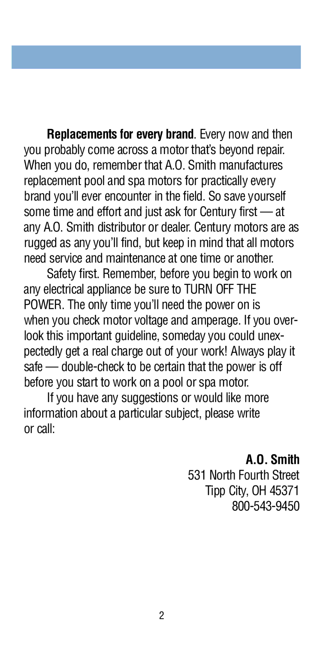 A.O. Smith Pool & Spa Motor manual Smith, North Fourth Street Tipp City, OH 