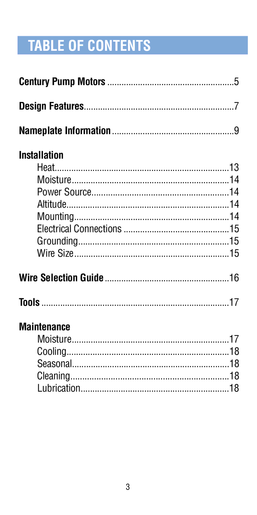 A.O. Smith Pool & Spa Motor manual Table of Contents 